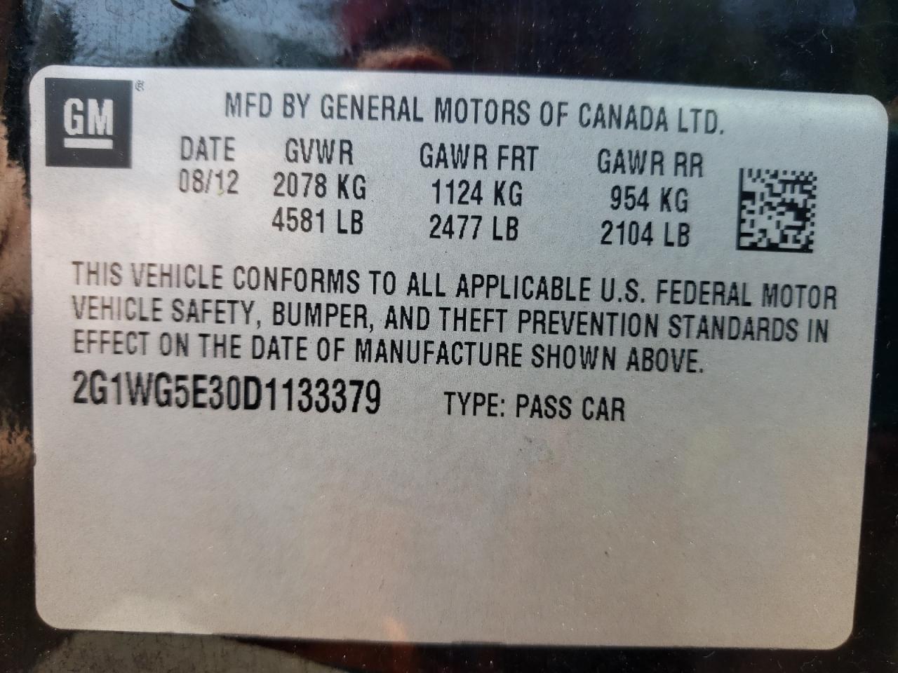 Photo 10 from auction – 2013 CHEVROLET IMPALA LT with VIN 2G1WG5E30D1133379