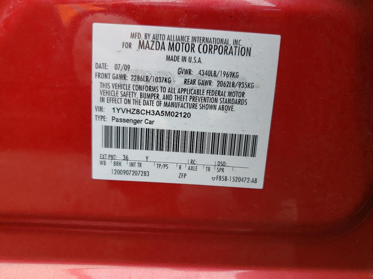 Photo 10 from auction – 2010 MAZDA 6 I with VIN 1YVHZ8CH3A5M02120