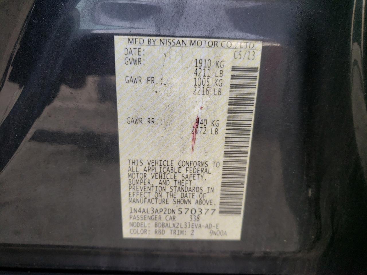 Photo 10 from auction – 2013 NISSAN ALTIMA 2.5 with VIN 1N4AL3AP2DN570377