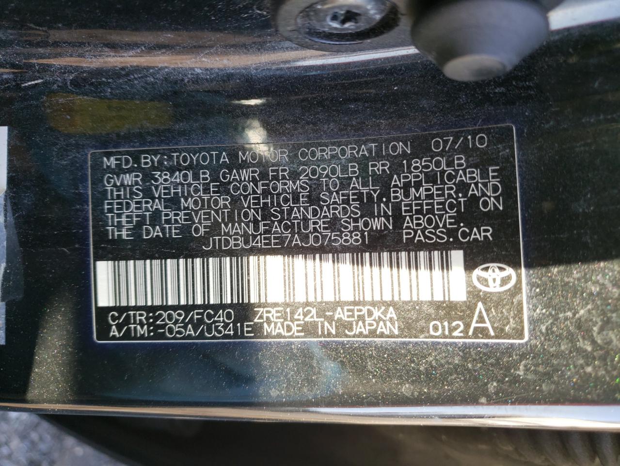 Photo 10 from auction – 2010 TOYOTA COROLLA with VIN JTDBU4EE7AJ075881