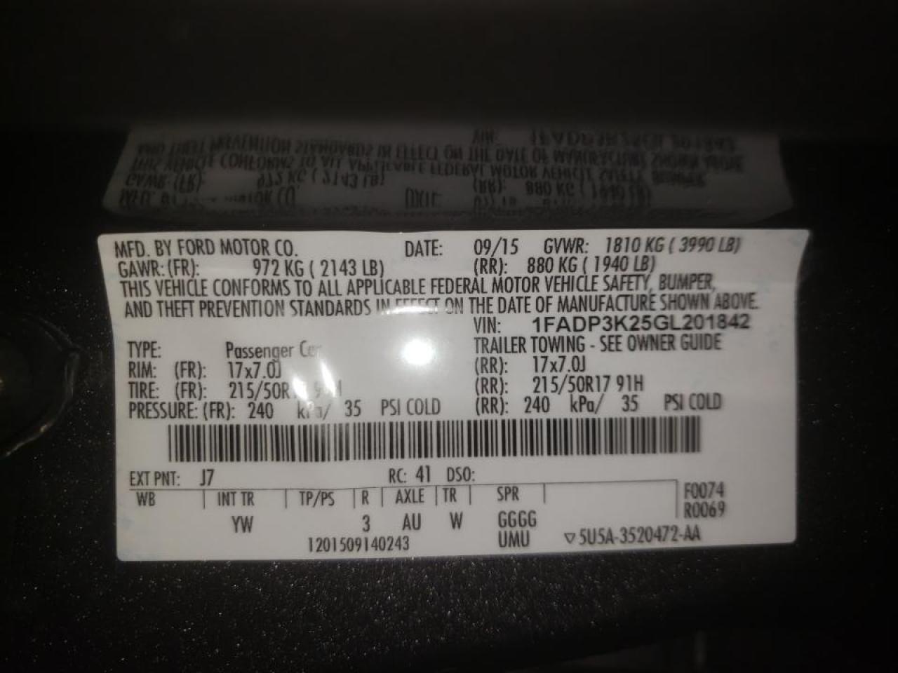 Photo 10 from auction – 2016 FORD FOCUS SE with VIN 1FADP3K25GL201842