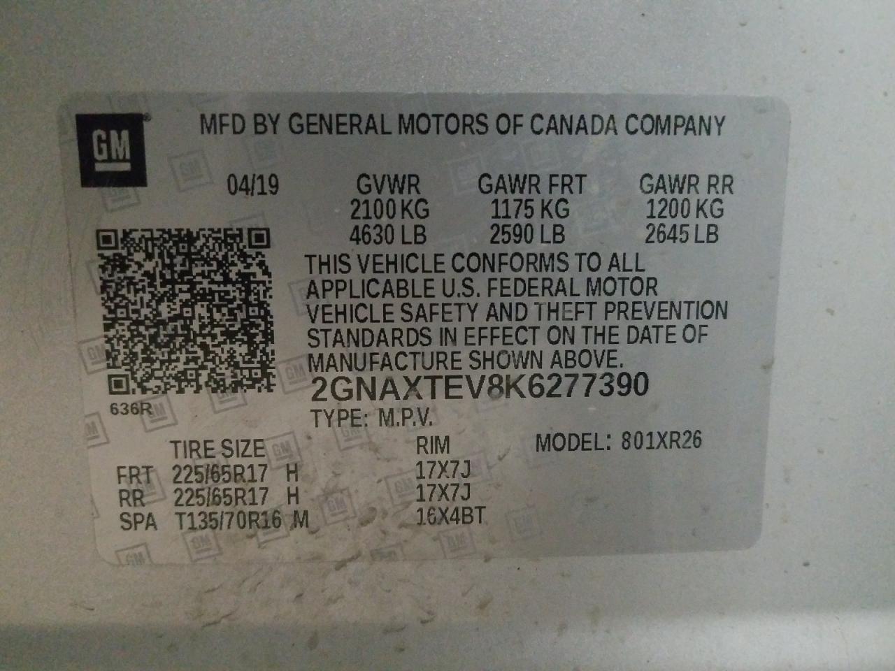 Photo 10 from auction – 2019 CHEVROLET EQUINOX LT with VIN 2GNAXTEV8K6277390