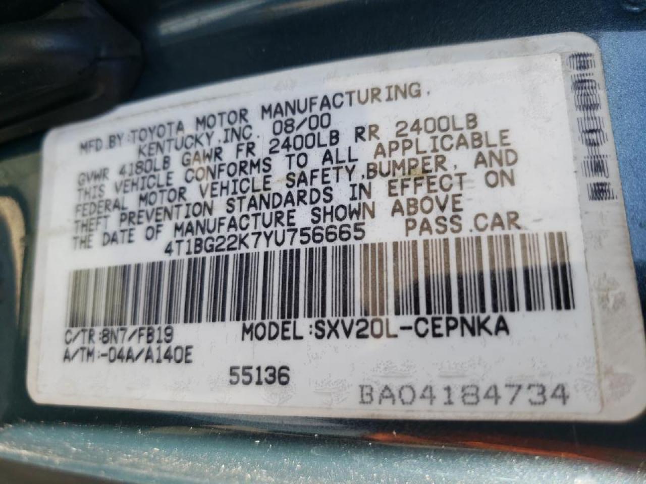 Photo 10 from auction – 2000 TOYOTA CAMRY CE with VIN 4T1BG22K7YU756665