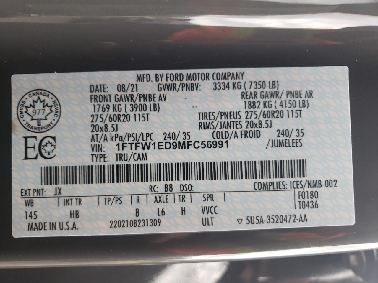 Photo 10 from auction – 2021 FORD F150 SUPER with VIN 1FTFW1ED9MFC56991