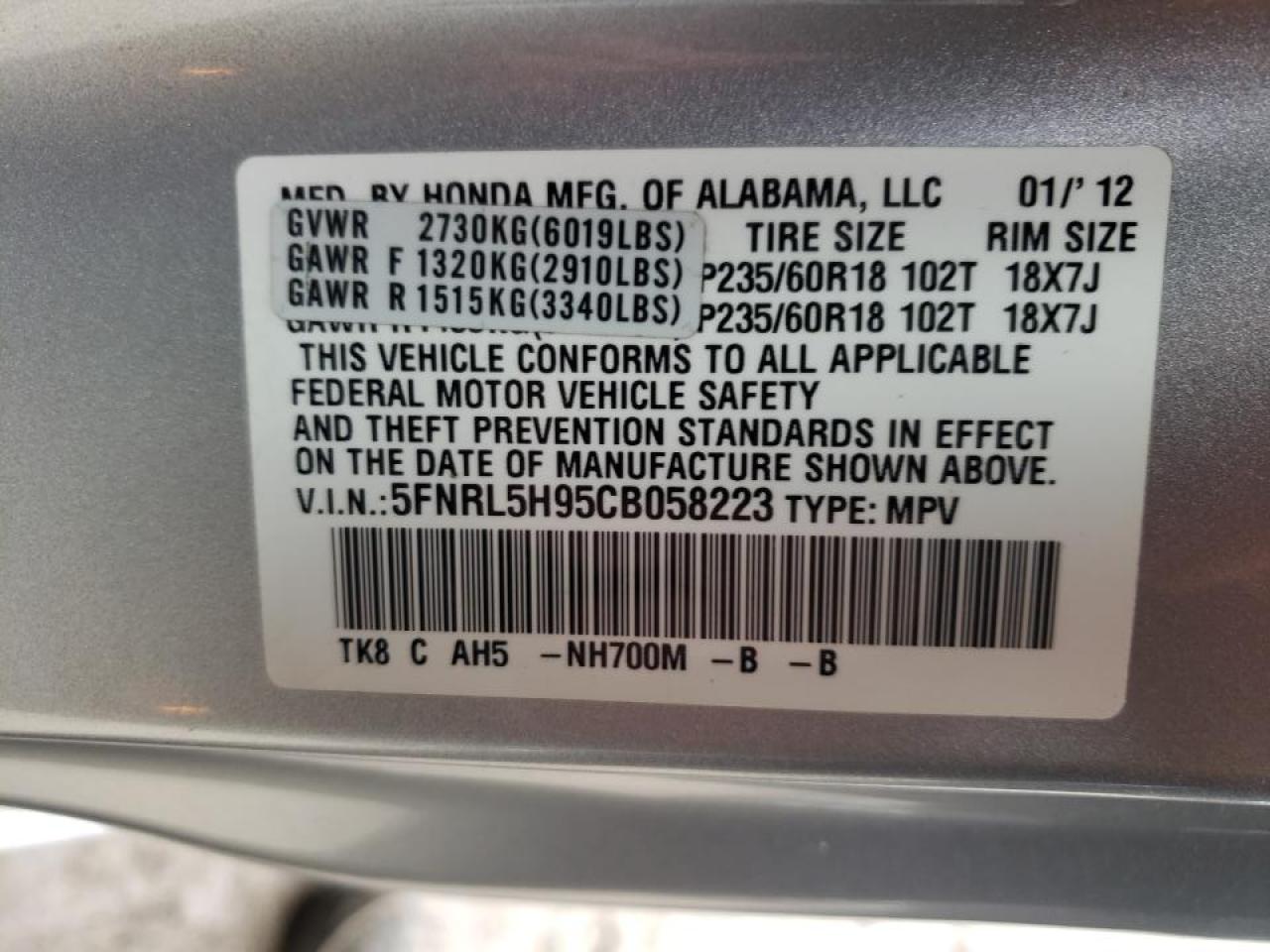 Photo 10 from auction – 2012 HONDA ODYSSEY TO with VIN 5FNRL5H95CB058223