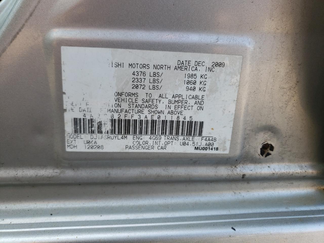 Photo 10 from auction – 2010 MITSUBISHI GALANT FE with VIN 4A32B2FF3AE011845