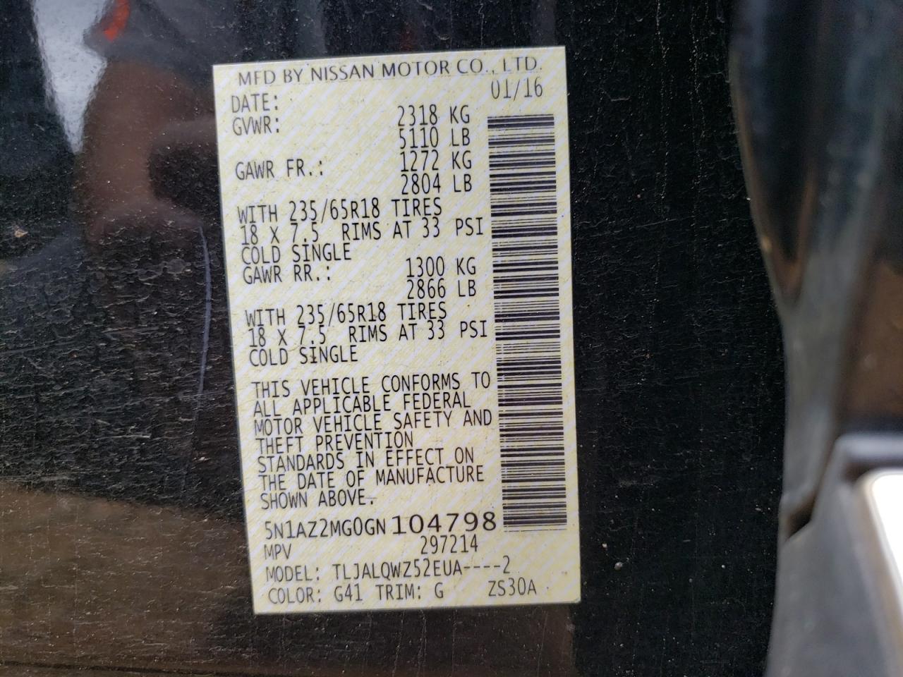 Photo 10 from auction – 2016 NISSAN MURANO S with VIN 5N1AZ2MG0GN104798