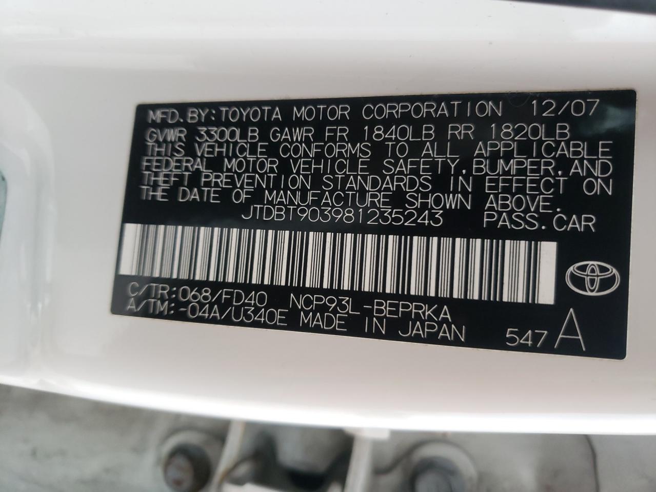 Photo 10 from auction – 2008 TOYOTA YARIS with VIN JTDBT903981235243