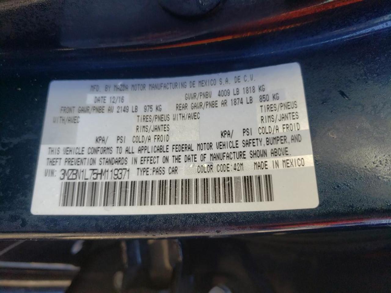Photo 10 from auction – 2017 MAZDA 3 TOURING with VIN 3MZBN1L75HM119371