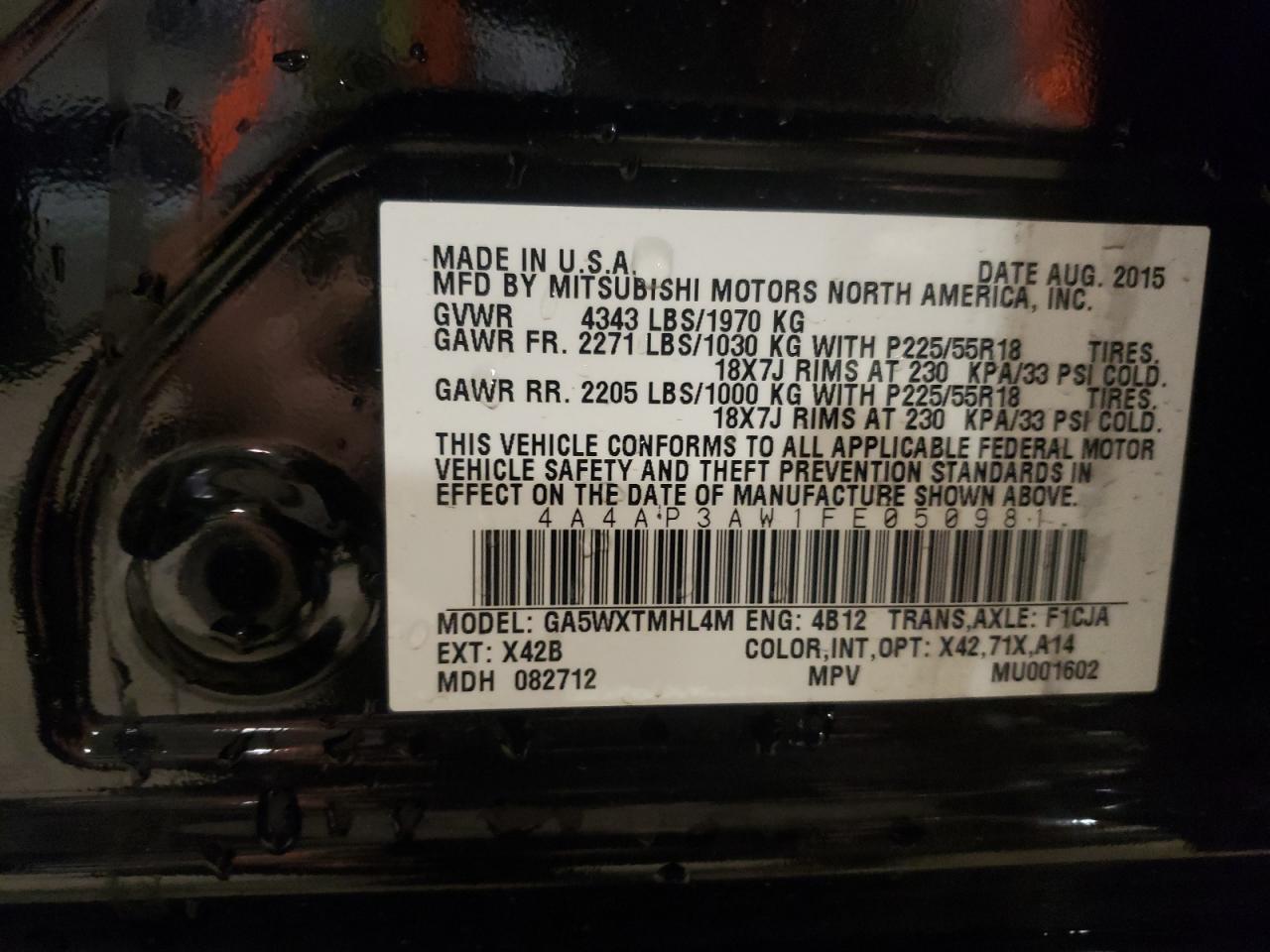 Photo 10 from auction – 2015 MITSUBISHI OUTLANDER with VIN 4A4AP3AW1FE050981