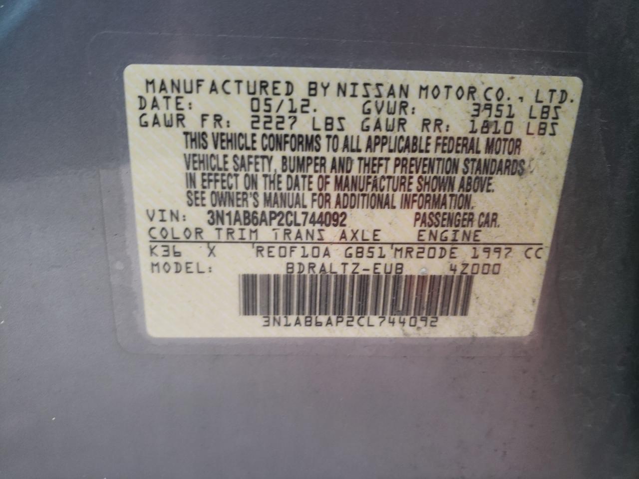 Photo 10 from auction – 2012 NISSAN SENTRA 2.0 with VIN 3N1AB6AP2CL744092
