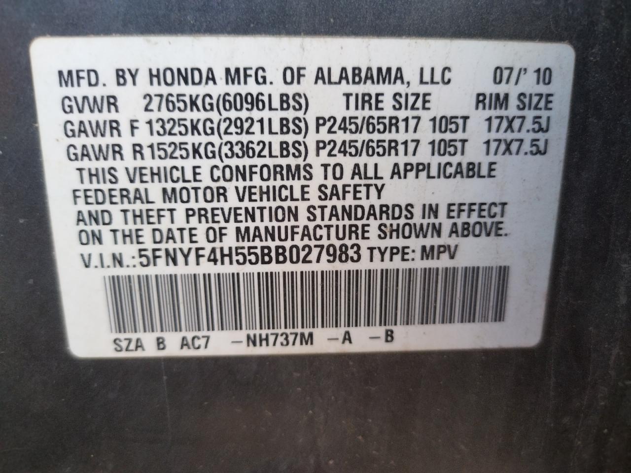 Photo 10 from auction – 2011 HONDA PILOT EXL with VIN 5FNYF4H55BB027983