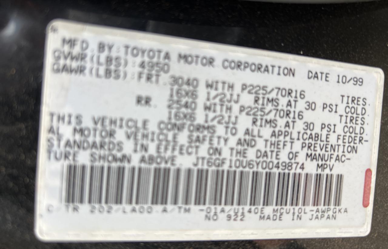 Photo 10 from auction – 2000 LEXUS RX 300 with VIN JT6GF10U6Y0049874