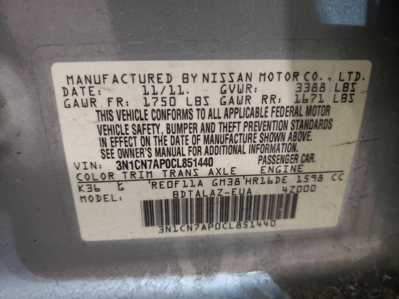 Photo 10 from auction – 2012 NISSAN VERSA S with VIN 3N1CN7AP0CL851440