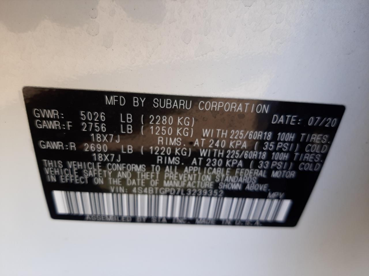 Photo 10 from auction – 2020 SUBARU OUTBACK TO with VIN 4S4BTGPD7L3239352