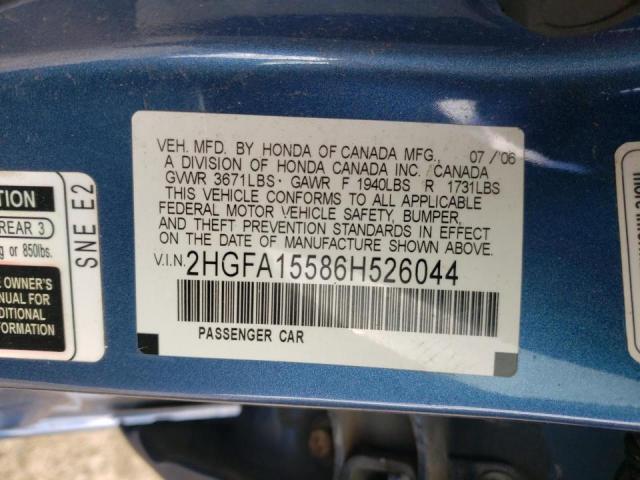 Photo 10 from auction – 2006 HONDA CIVIC LX with VIN 2HGFA15586H526044