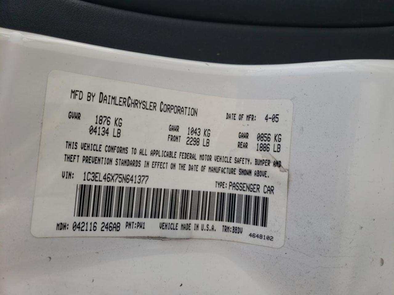 Photo 10 from auction – 2005 CHRYSLER SEBRING with VIN 1C3EL46X75N641377