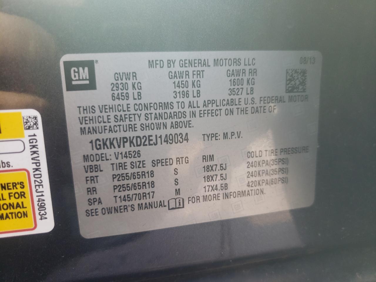 Photo 10 from auction – 2014 GMC ACADIA SLE with VIN 1GKKVPKD2EJ149034