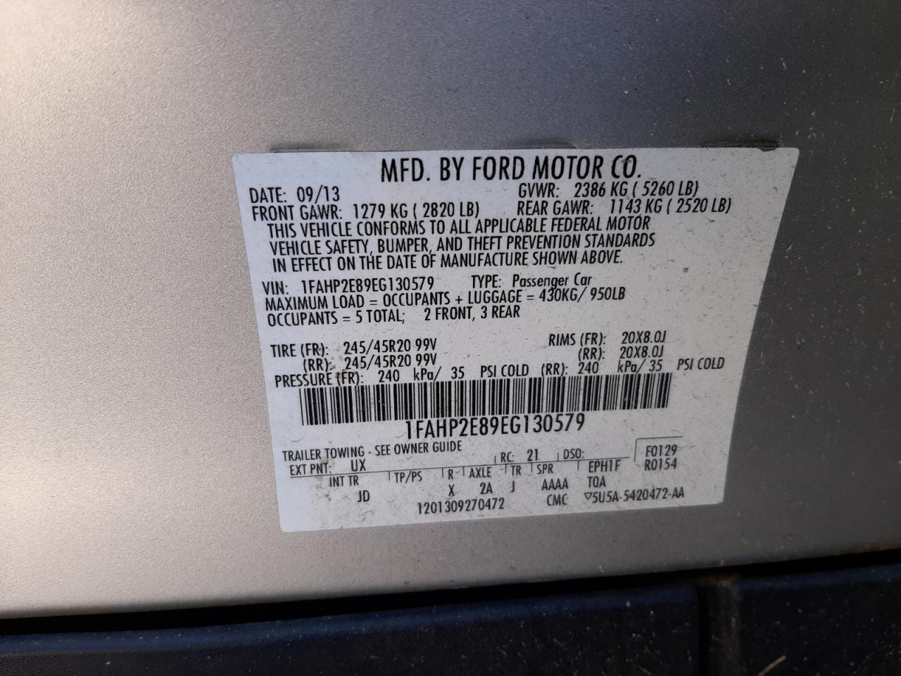 Photo 10 from auction – 2014 FORD TAURUS SEL with VIN 1FAHP2E89EG130579
