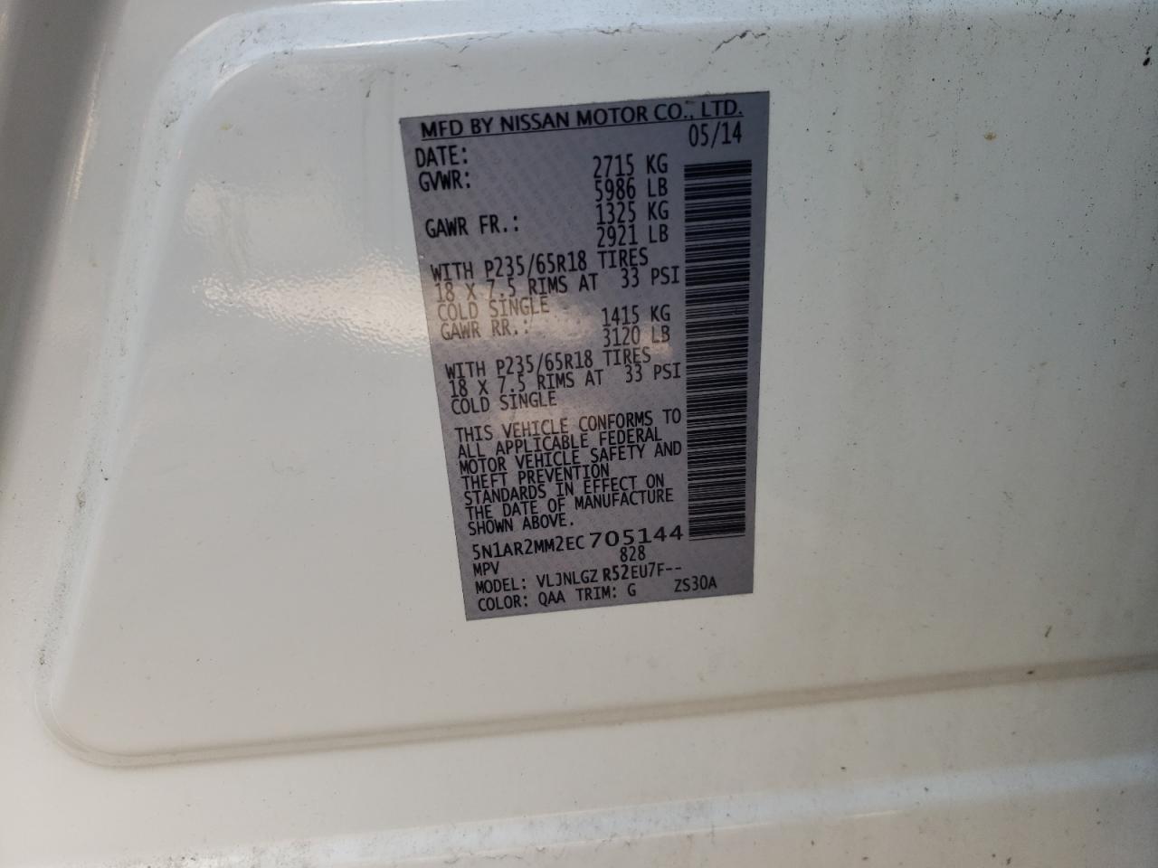 Photo 10 from auction – 2014 NISSAN PATHFINDER with VIN 5N1AR2MM2EC705144