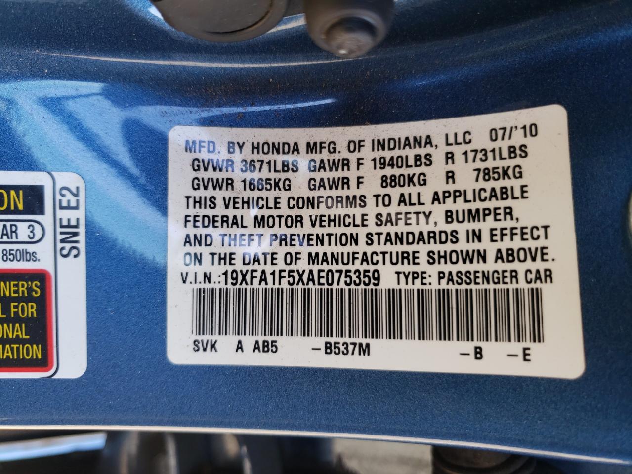 Photo 10 from auction – 2010 HONDA CIVIC LX with VIN 19XFA1F5XAE075359