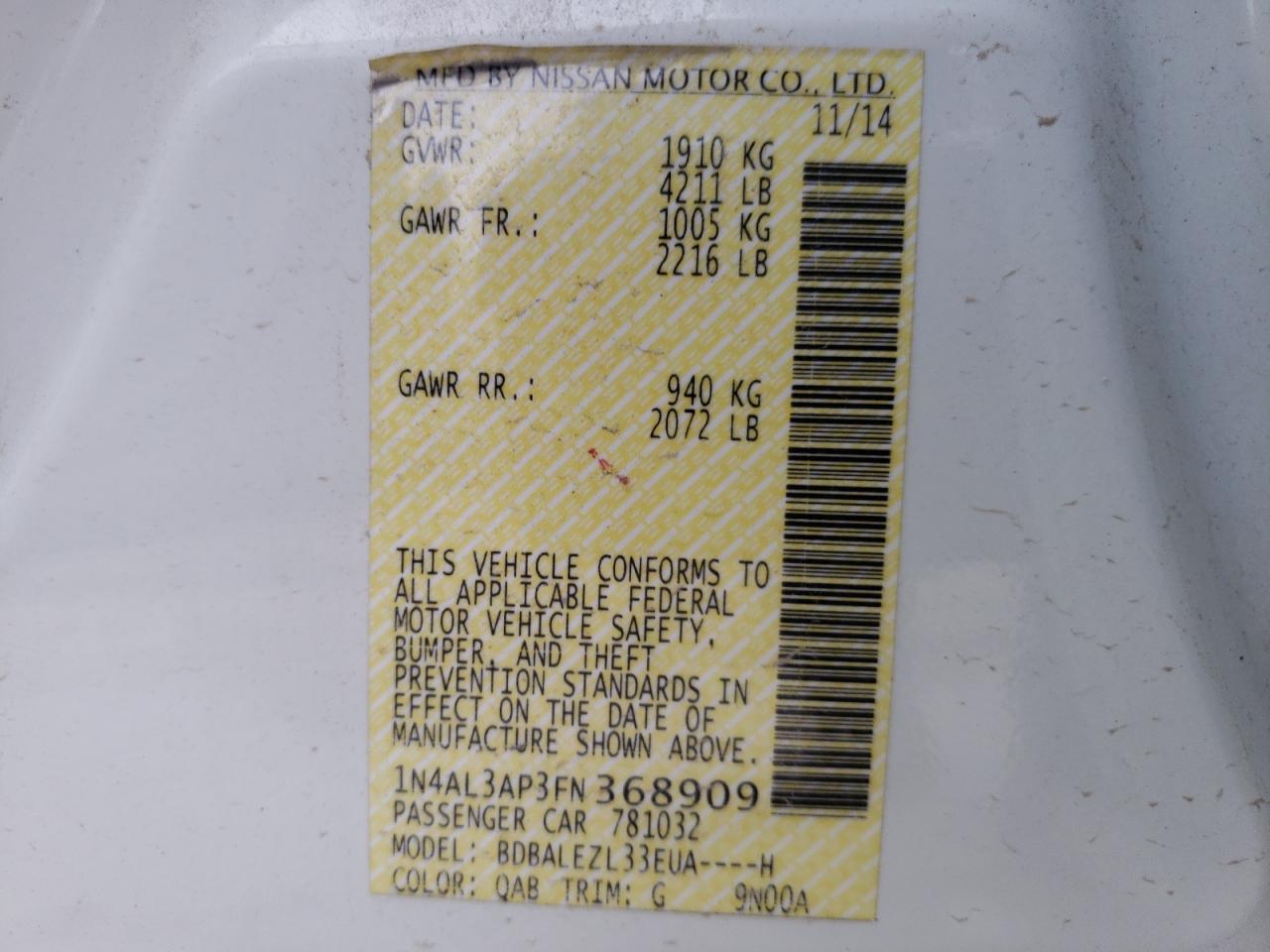 Photo 10 from auction – 2015 NISSAN ALTIMA with VIN 1N4AL3AP3FN368909