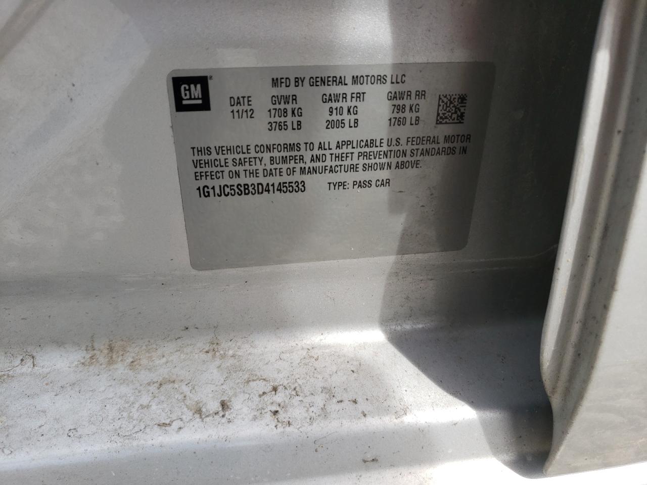 Photo 10 from auction – 2013 CHEVROLET SONIC LT with VIN 1G1JC5SB3D4145533