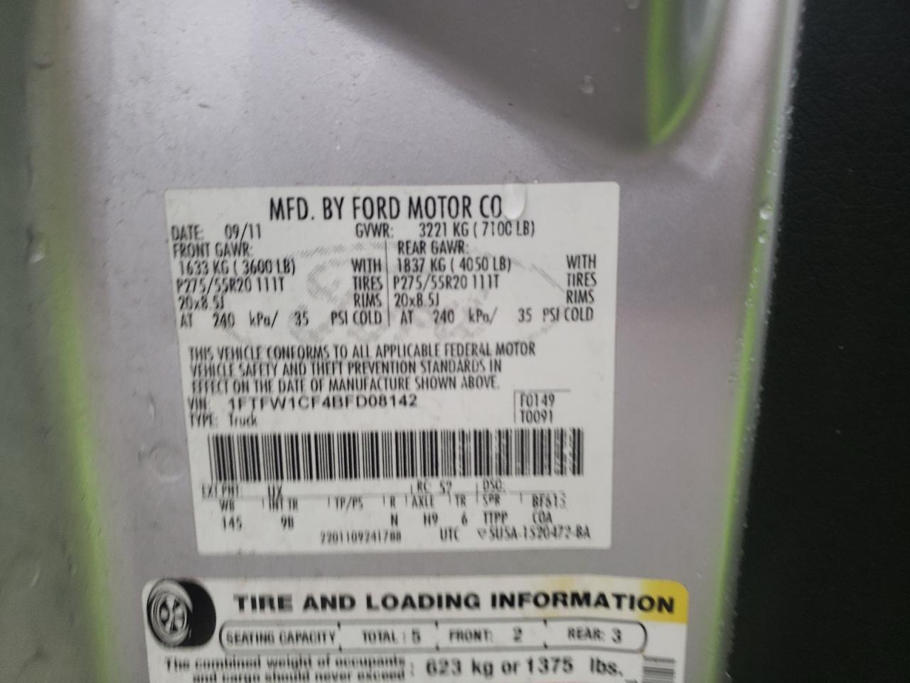 Photo 10 from auction – 2011 FORD F150 SUPER with VIN 1FTFW1CF4BFD08142