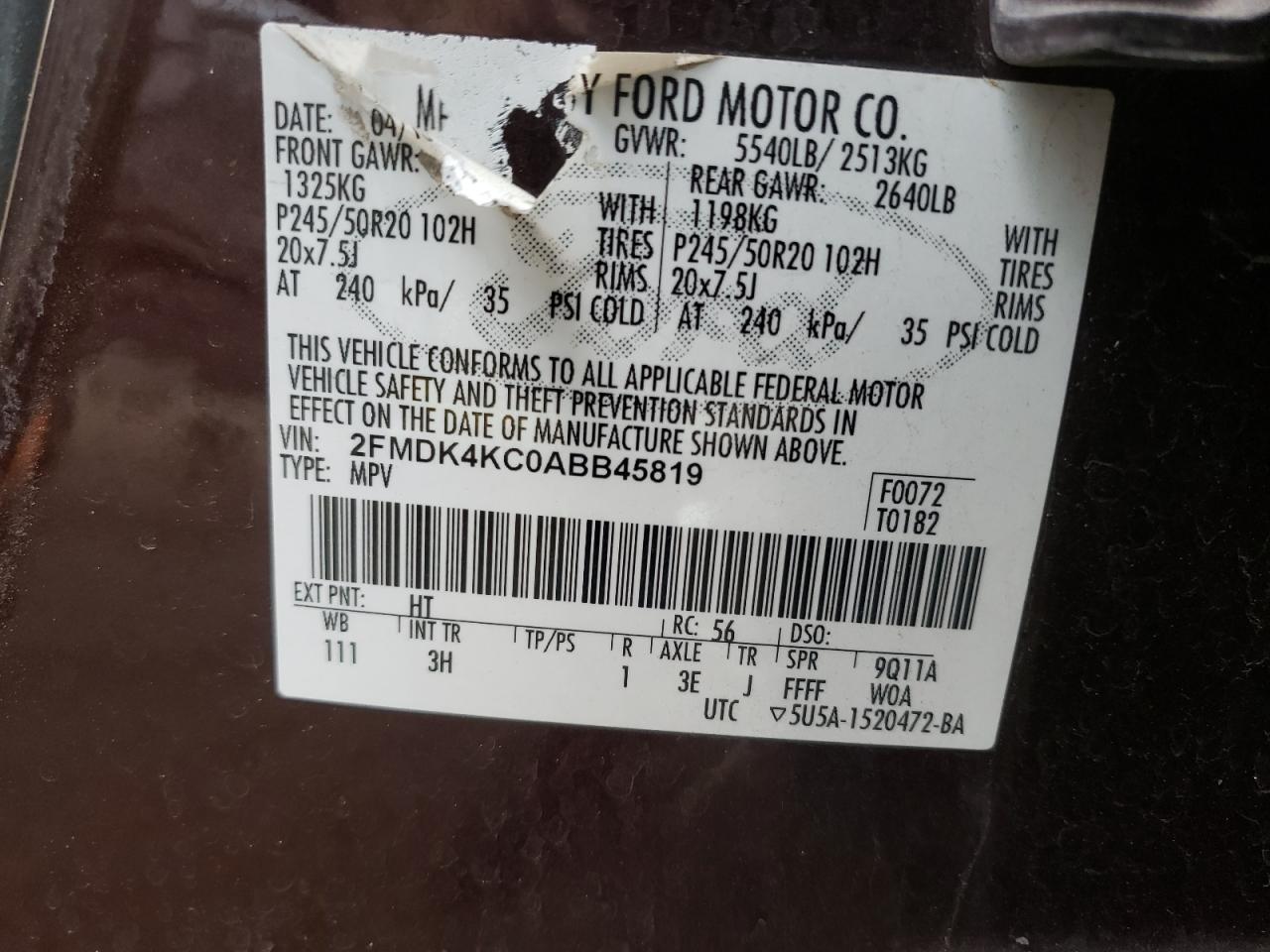 Photo 10 from auction – 2010 FORD EDGE LIMIT with VIN 2FMDK4KC0ABB45819