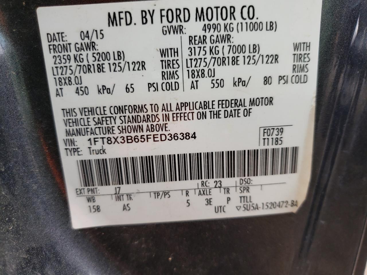 Photo 10 from auction – 2015 FORD F350 SUPER with VIN 1FT8X3B65FED36384
