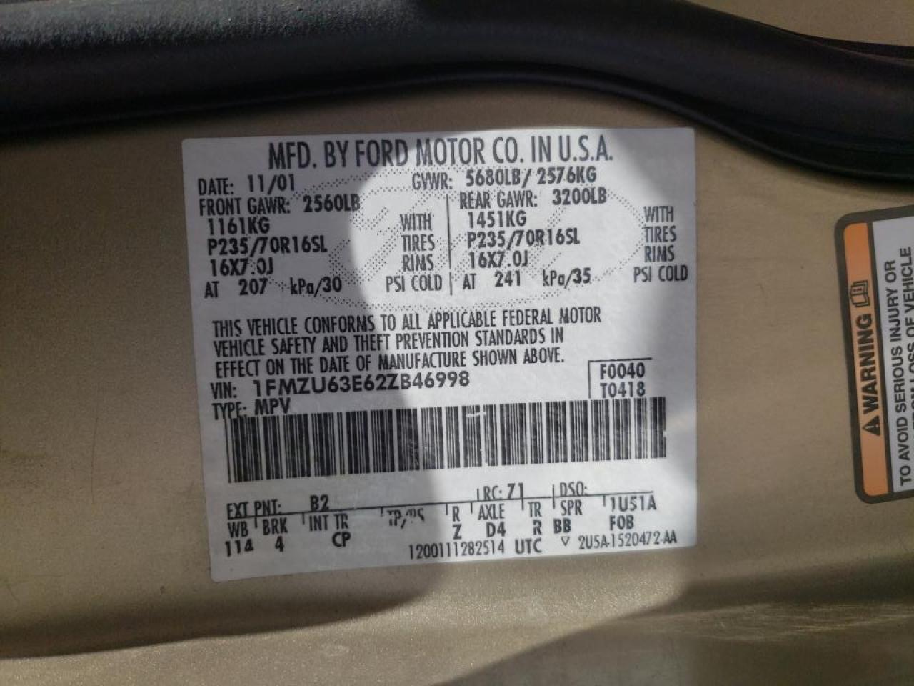 Photo 10 from auction – 2002 FORD EXPLORER X with VIN 1FMZU63E62ZB46998