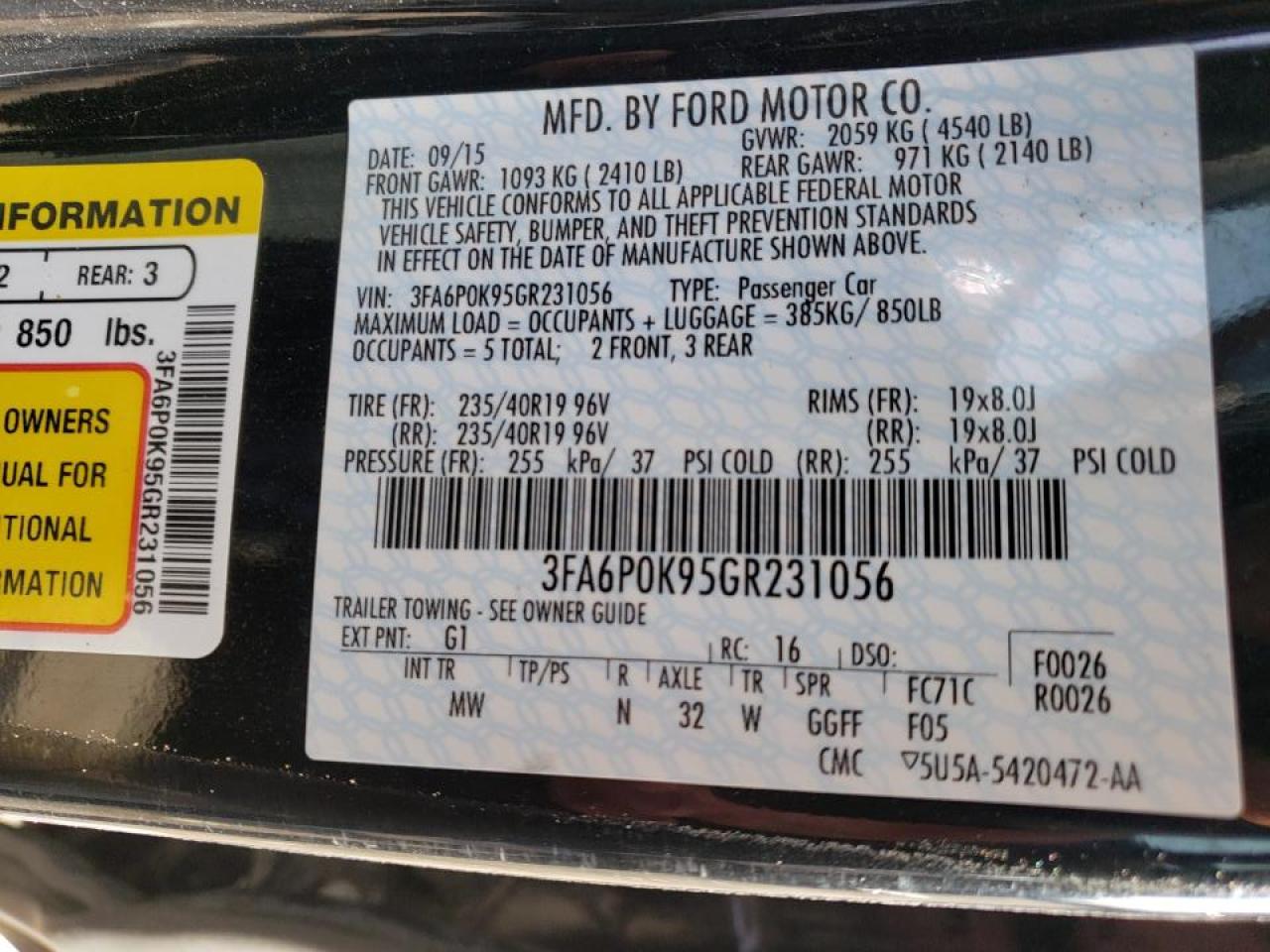 Photo 10 from auction – 2016 FORD FUSION TIT with VIN 3FA6P0K95GR231056