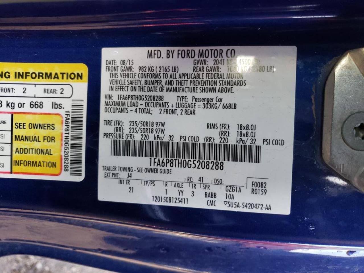 Photo 10 from auction – 2016 FORD MUSTANG with VIN 1FA6P8TH0G5208288