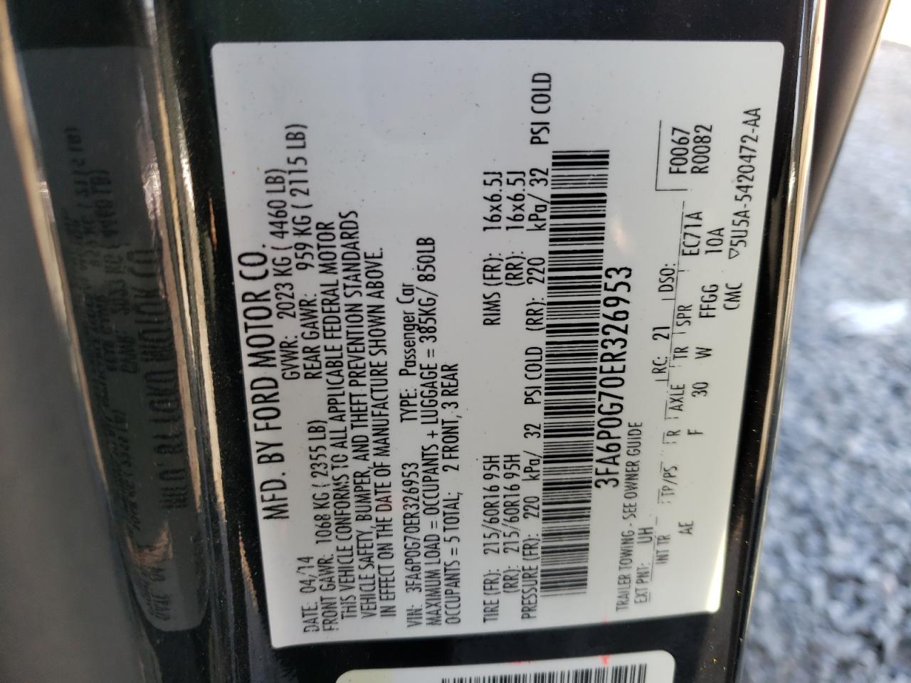 Photo 10 from auction – 2014 FORD FUSION S with VIN 3FA6P0G70ER326953