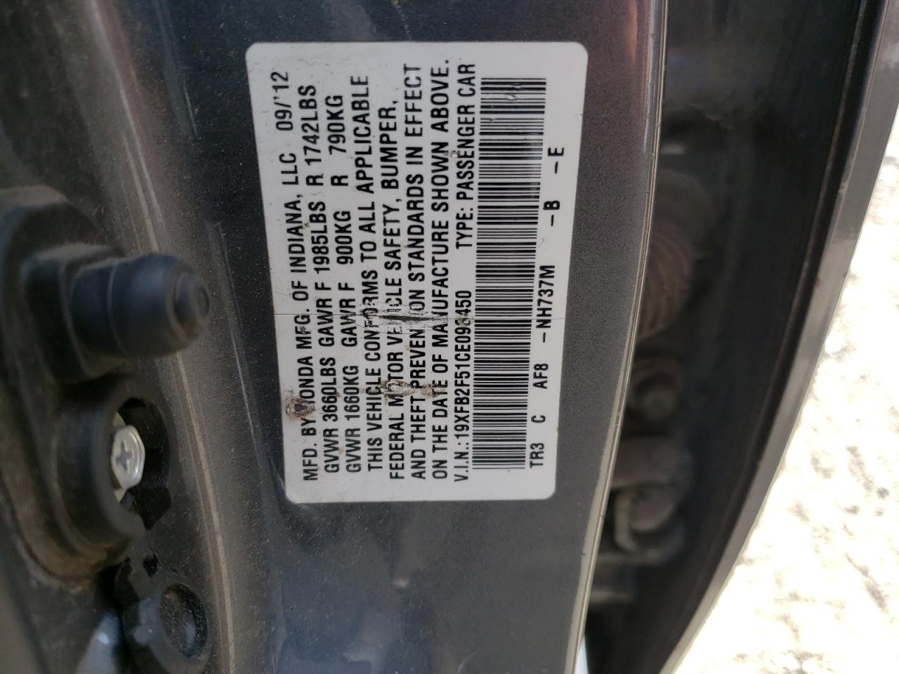 Photo 10 from auction – 2012 HONDA CIVIC LX with VIN 19XFB2F51CE093450