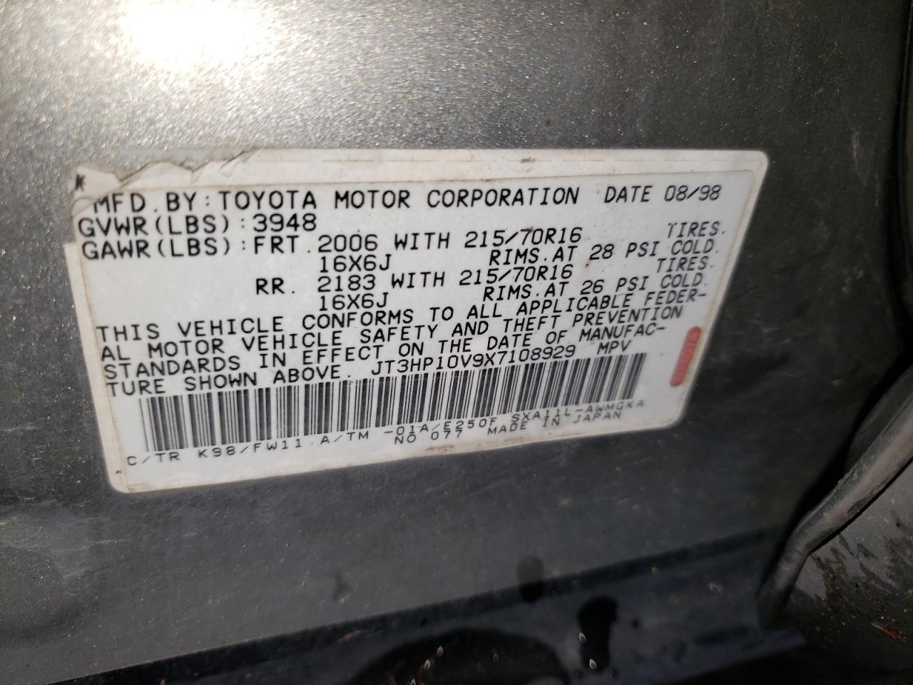 Photo 10 from auction – 1999 TOYOTA RAV4 with VIN JT3HP10V9X7108929