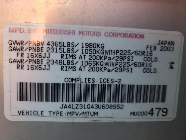 Photo 10 from auction – 2003 MITSUBISHI OUTLANDER with VIN JA4LZ31G43U608952