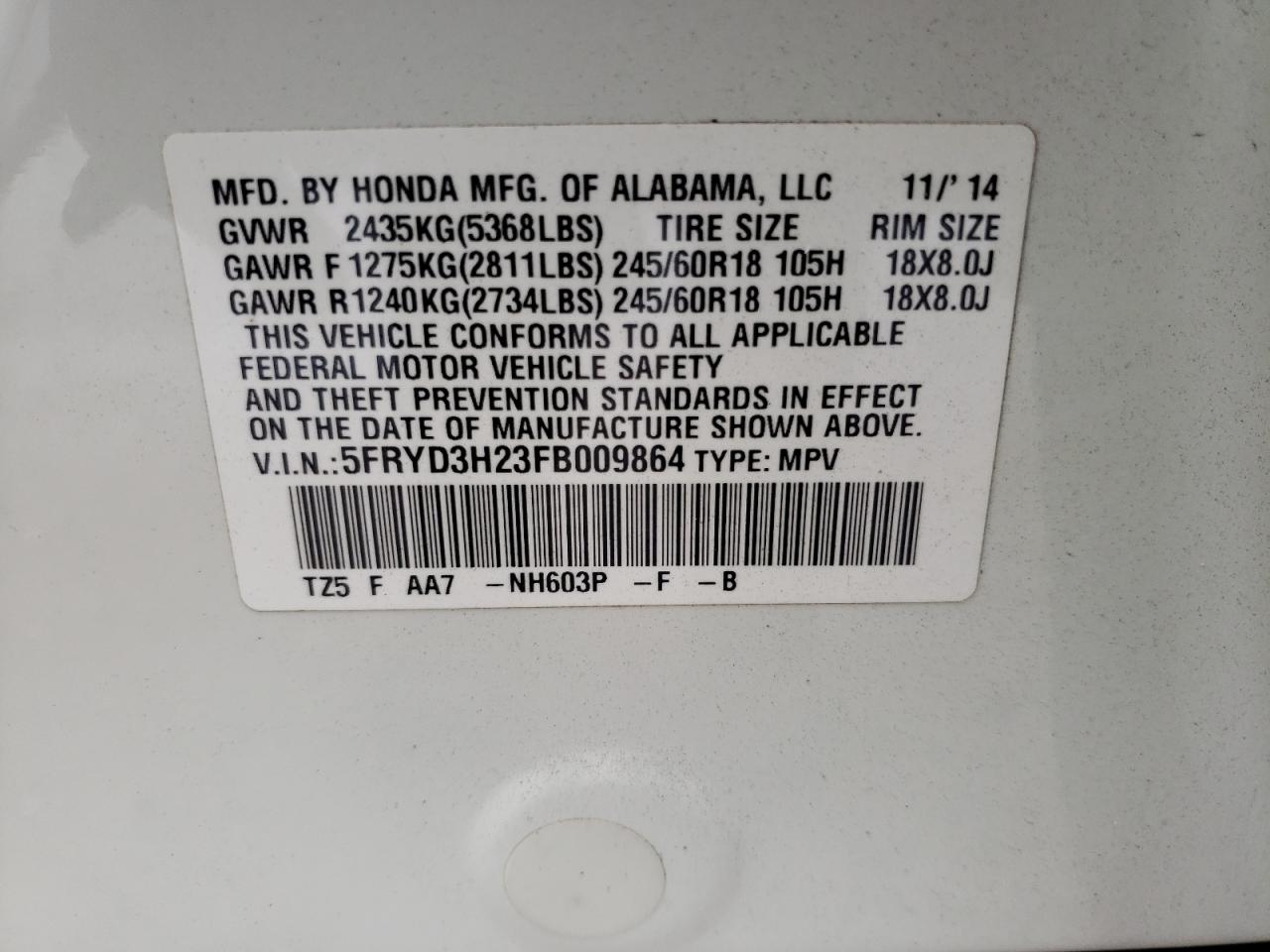 Photo 10 from auction – 2015 ACURA MDX with VIN 5FRYD3H23FB009864