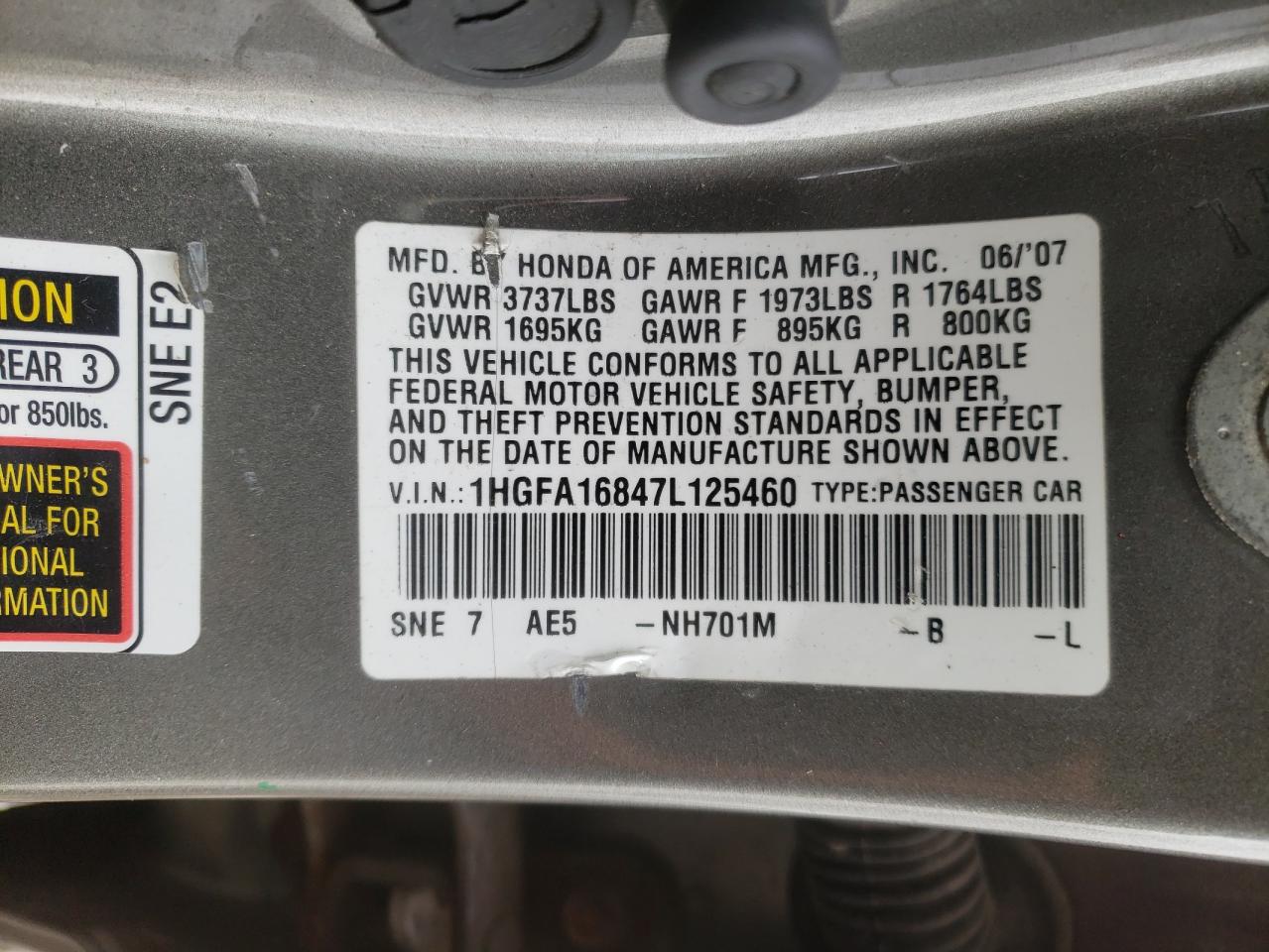 Photo 10 from auction – 2007 HONDA CIVIC EX with VIN 1HGFA16847L125460
