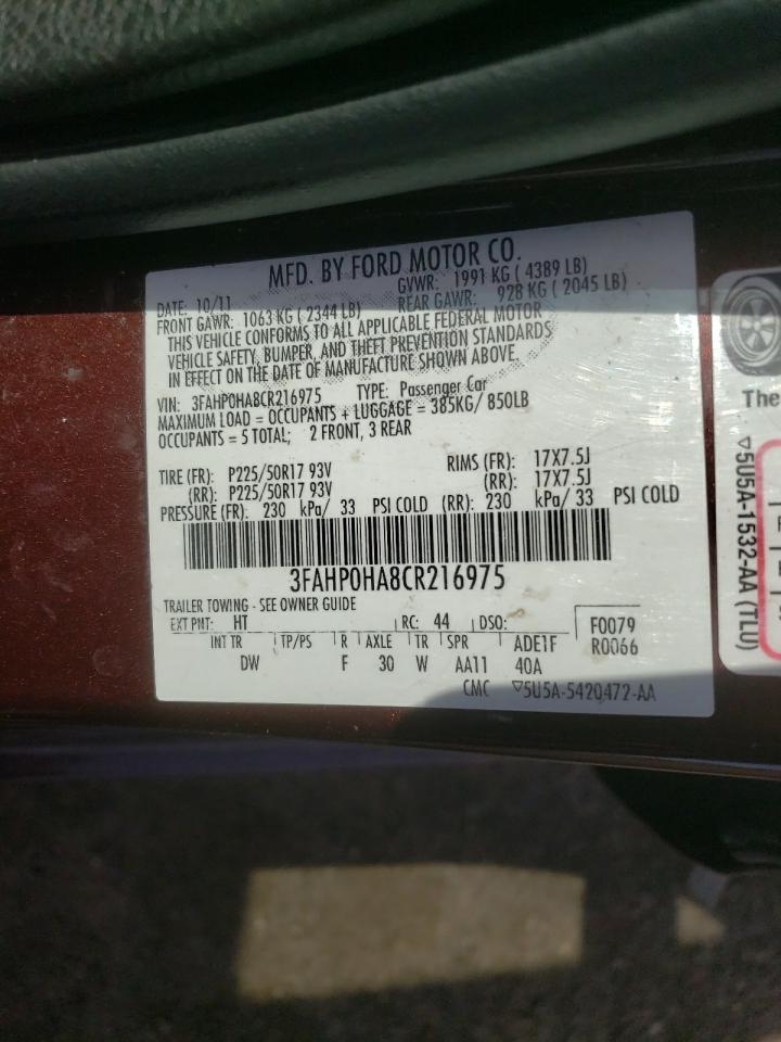 Photo 10 from auction – 2012 FORD FUSION with VIN 3FAHP0HA8CR216975