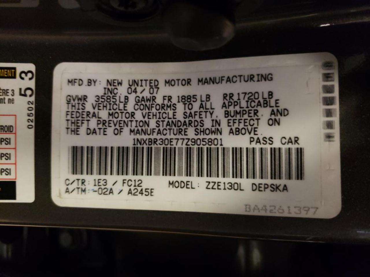 Photo 10 from auction – 2007 TOYOTA COROLLA CE with VIN 1NXBR30E77Z905801