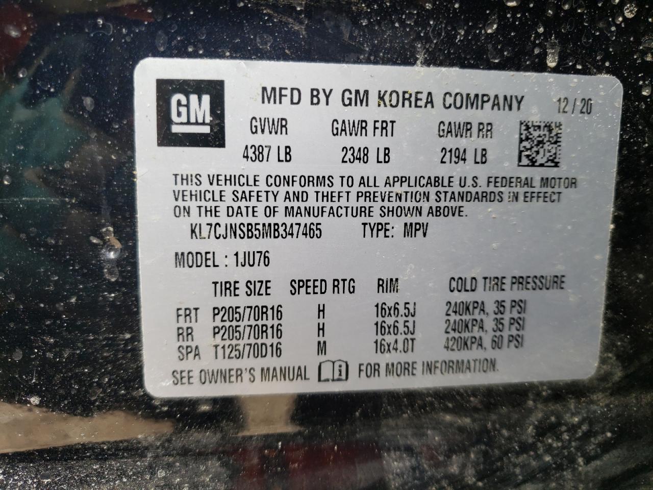 Photo 10 from auction – 2021 CHEVROLET TRAX LS with VIN KL7CJNSB5MB347465