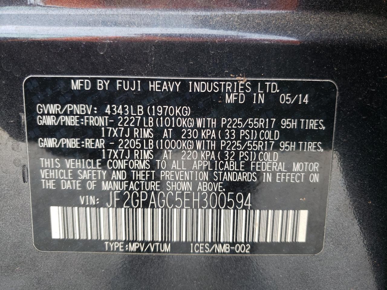 Photo 10 from auction – 2014 SUBARU XV CROSSTR with VIN JF2GPAGC5EH300594