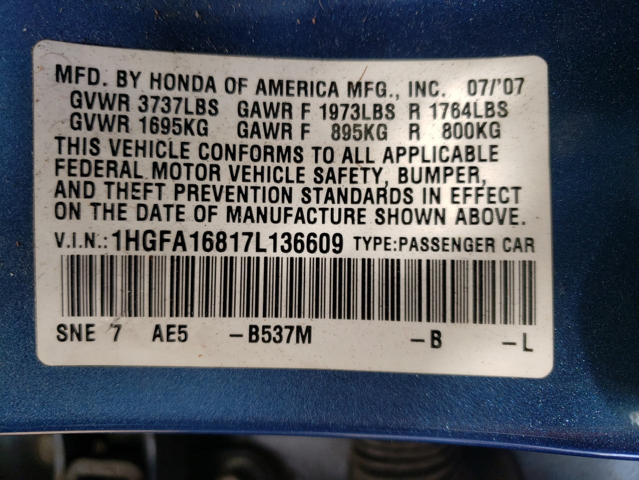 Photo 10 from auction – 2007 HONDA CIVIC EX with VIN 1HGFA16817L136609
