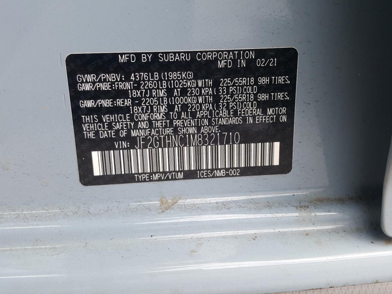Photo 10 from auction – 2021 SUBARU CROSSTREK with VIN JF2GTHNC1M8321710