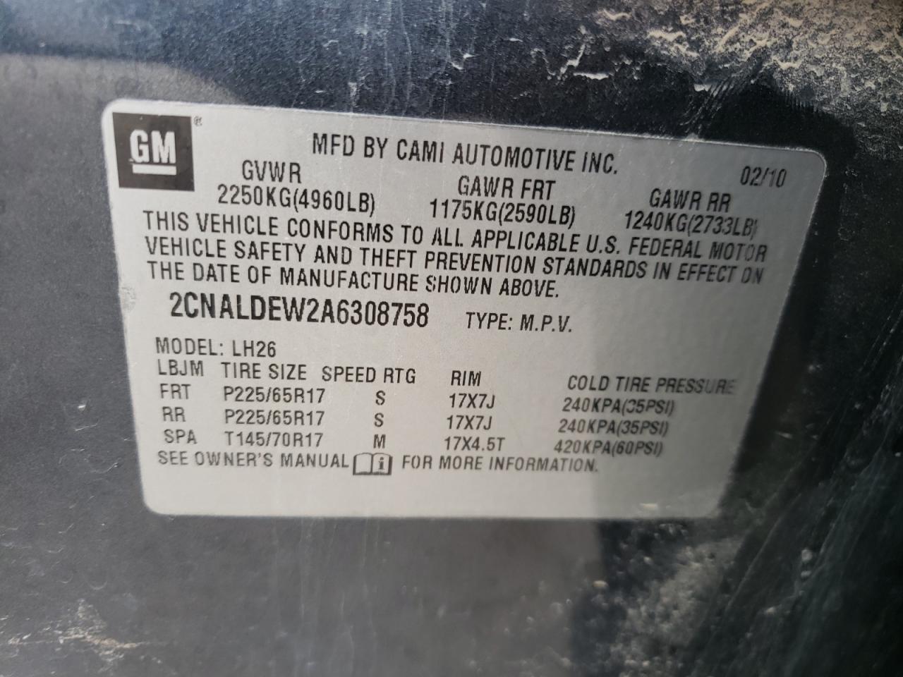 Photo 10 from auction – 2010 CHEVROLET EQUINOX LT with VIN 2CNALDEW2A6308758