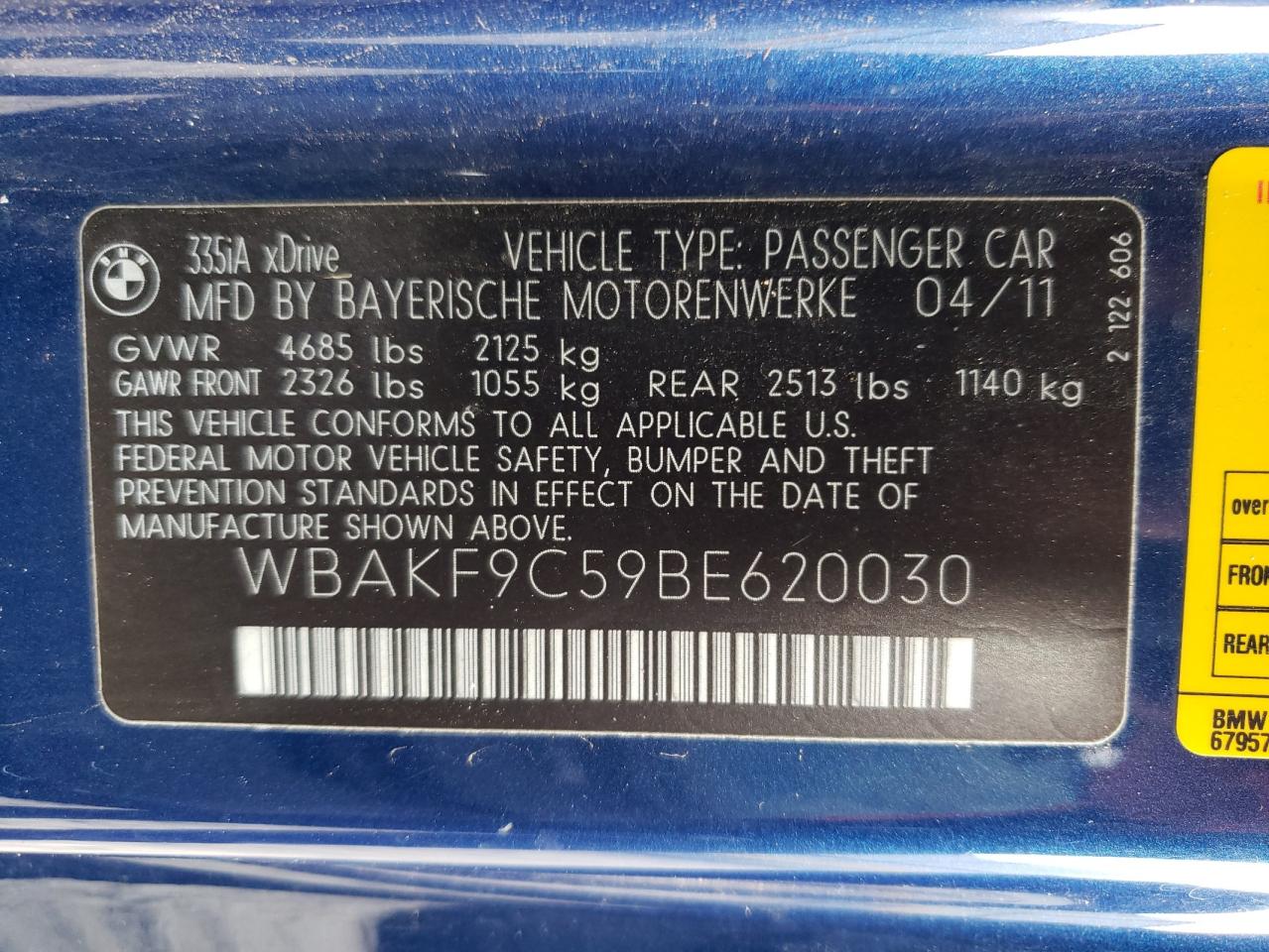 Photo 10 from auction – 2011 BMW 335 XI with VIN WBAKF9C59BE620030