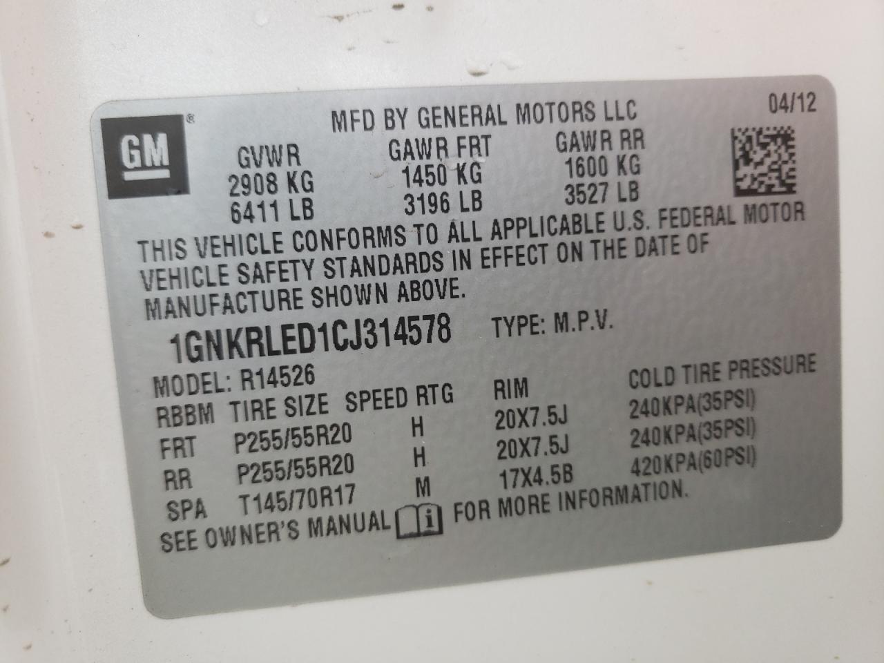Photo 10 from auction – 2012 CHEVROLET TRAVERSE L with VIN 1GNKRLED1CJ314578
