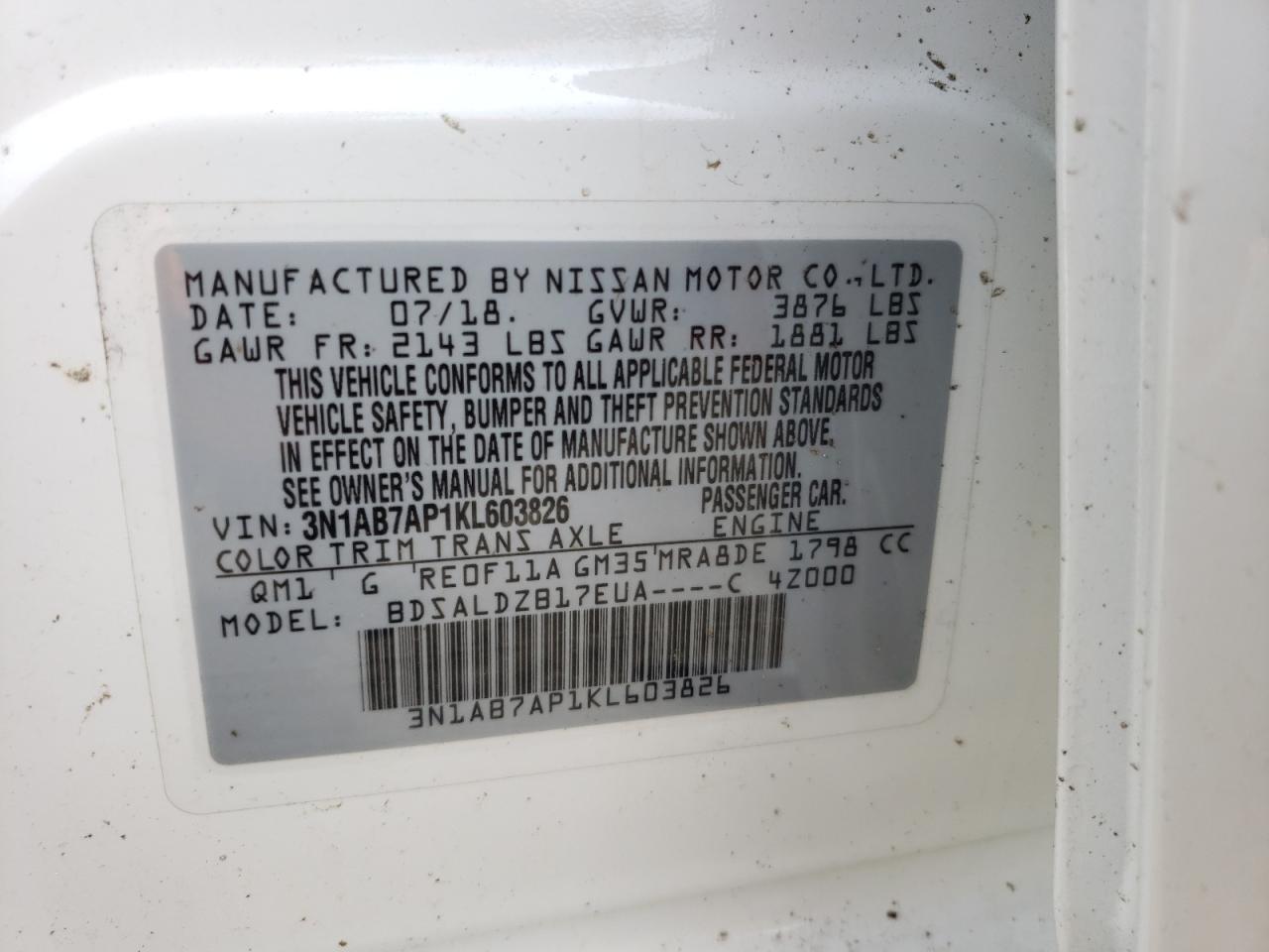 Photo 10 from auction – 2019 NISSAN SENTRA S with VIN 3N1AB7AP1KL603826