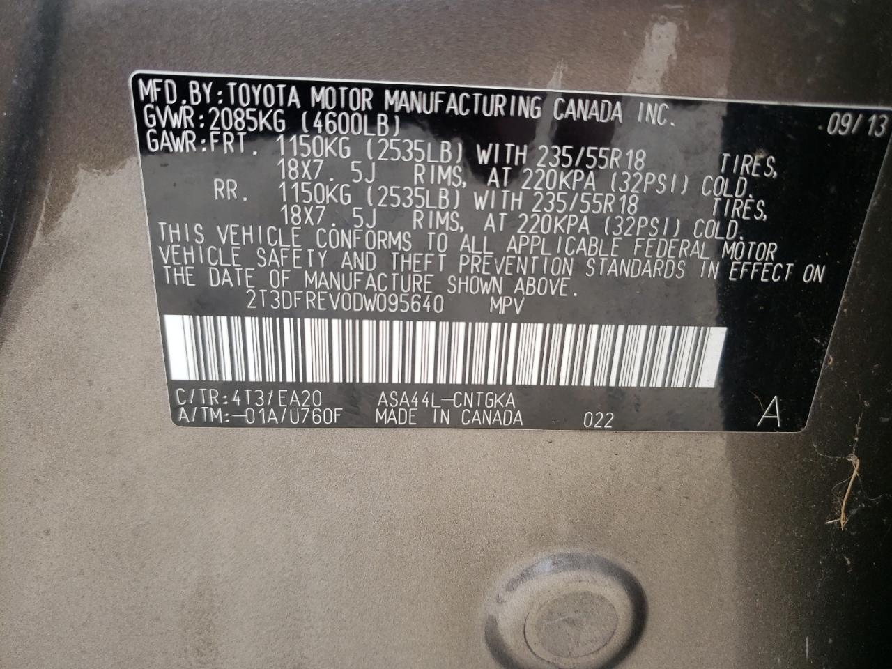 Photo 10 from auction – 2013 TOYOTA RAV4 LIMIT with VIN 2T3DFREV0DW095640